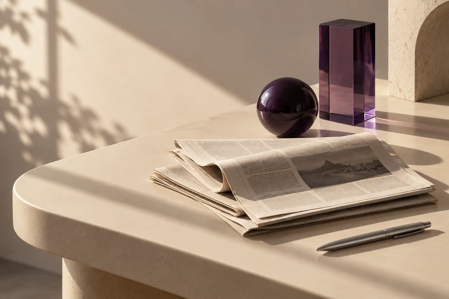 Composição editorial com jornal e objetos em vidro roxo sobre uma mesa iluminada